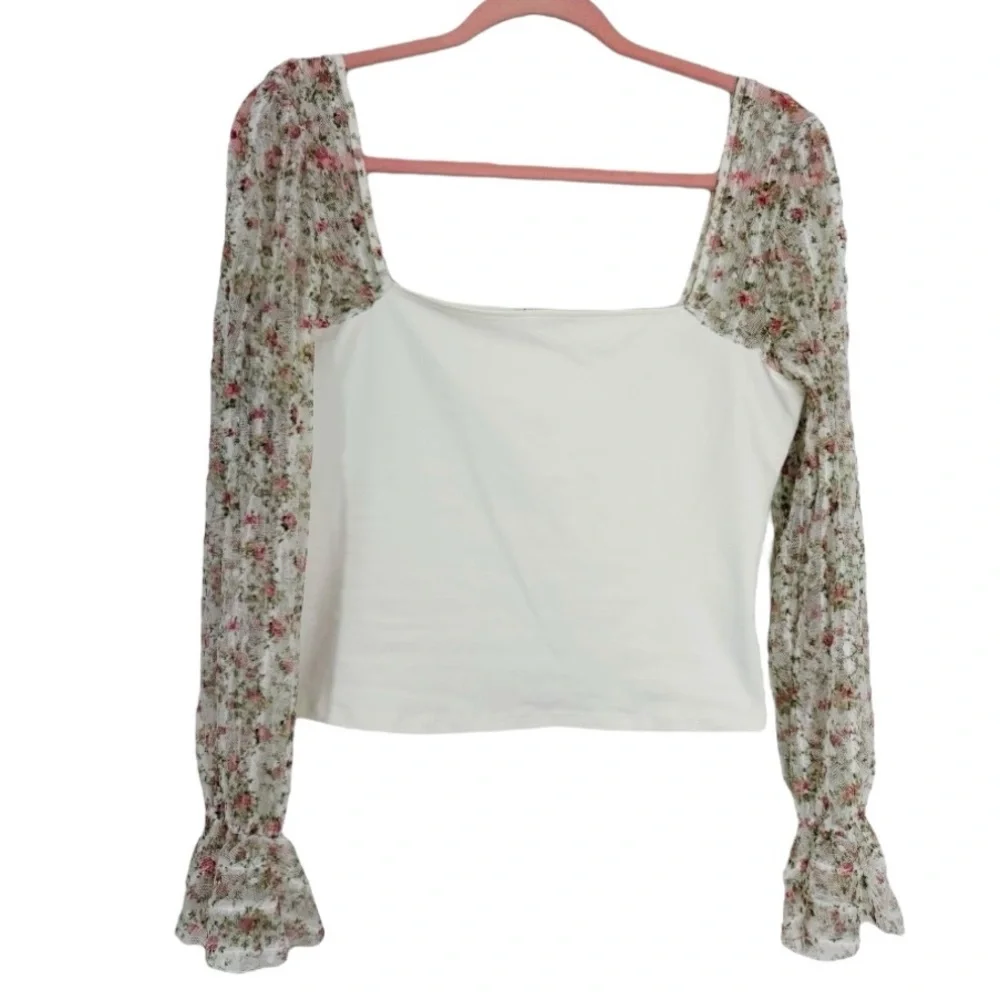 Free People Gimme Butterflies Top Medium Floral Sheer Puff Sleeve Cottagecore